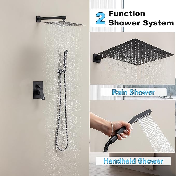 Shower Faucet Set, Shower System with 12 Inch Rain Showerhead and Handheld Shower, Wall Mounted High-Pressure Showerhead Combo Set Included Valve and Trim, Matte Black