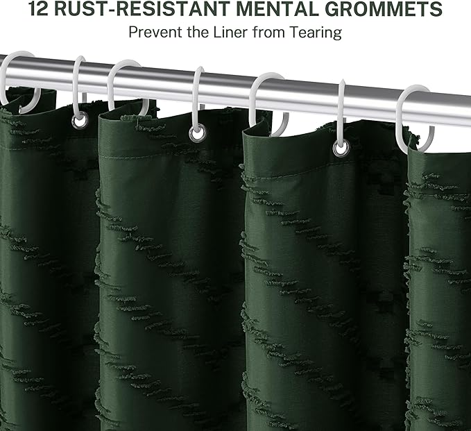 Extra Long Dark Green Boho Shower Curtain with Tassel, Woven Fabric 84 in Shower Curtain, Tufted Chevron Striped, 72 x 84, Modern Chic Textured Minimalist Bathroom Shower
