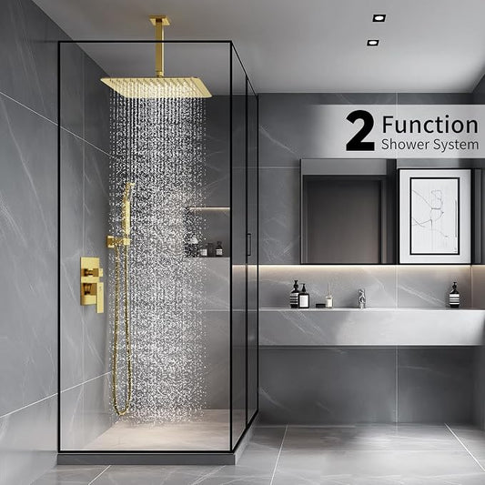 SR SUN RISE 12 Inch Ceiling Mounted Shower System Rain Mixer Shower Combo Set Rainfall Shower Head System Brushed Gold Shower Faucet Trim Repair Kits with Shower Rough-in Valve Body and Trim