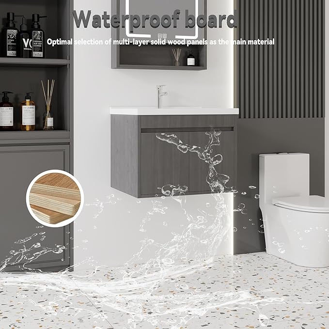 24'' Bathroom Vanity with Ceramic Sink Combo, Wall Mounted Small Bathroom Vanity with Soft-Close Door Modern Floating Cabinet, Pop-up Drain, P-Trap Included, GreyWalnut(No Faucet)
