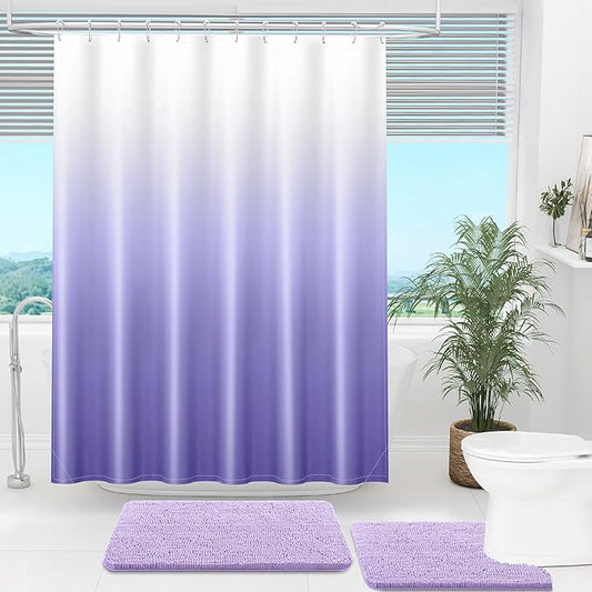 OLANLY Luxury Lavender and White Ombre Shower Curtain Sets with 12 Hooks, Waterproof and Washable Decorative Shower Curtains for Bathroom, 72x72 Inches