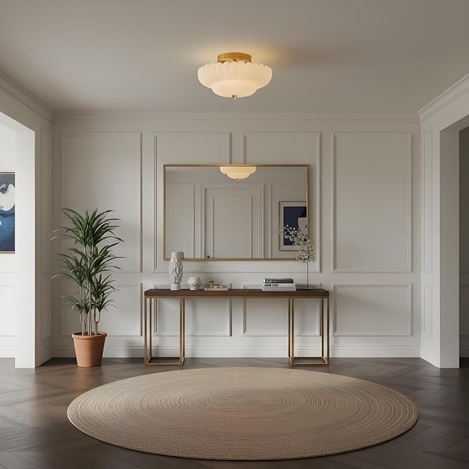 Glass Semi Flush Mount Ceiling Light Fixture,Gold,11.8 in,3-Lights | Milk White Frosted Glass,E26 Base,Support Dimmable,for Hallway,Bedroom,Bathroom,Entryway,Kitchen,Foyer,Closet,Laundry Room