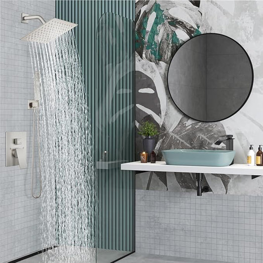 Midanya Shower Faucet Set,Wall Mount Shower System with Square Rain Shower Head and Hand Sprayer, Rough-in Valve Body and Trim Kit Included,8 Inch,Brushed Nickel