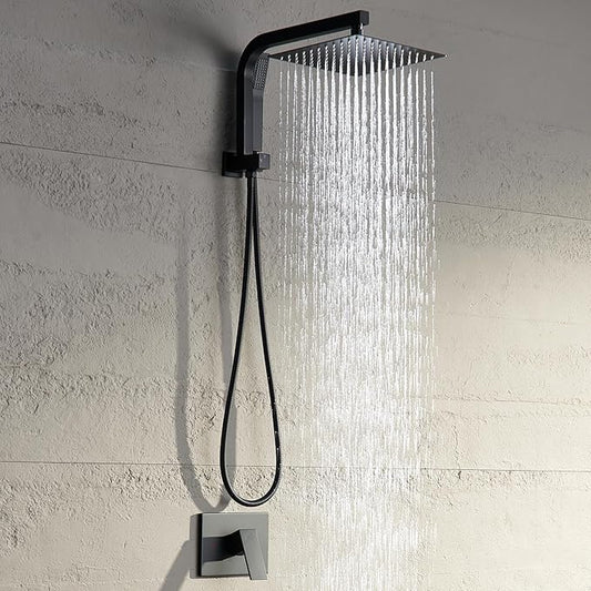 Black Shower Head and Handle Set, Shower Faucet Set with 10 Inch Rain Shower Heads with Handheld Spray Combo, Rainfall Bathroom Shower System Rain Shower Head and Handle Set