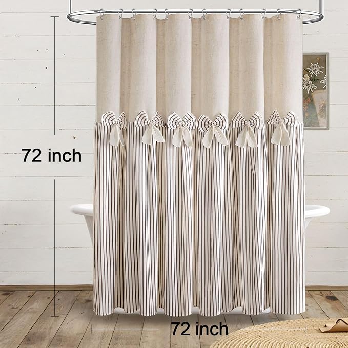 Farmhouse Shower Curtain Linen Bow Pleated Brown Stripe 72"W x 72"L | Farmhouse Style, Chic Bow, Striped, Linen Fabric, Rustic, Country, Natural Look, Washable, for Bathroom Bathtub