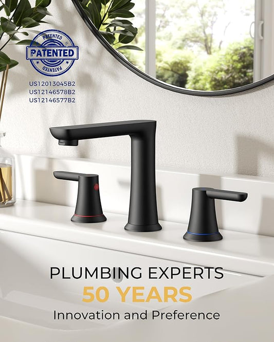 FORIOUS Black Bathroom Faucet 3 Hole, Two Handle 8 Inch Widespread Bathroom Sink Faucet Matte Black with Metal Pop-up Drain, cUPC Supply Lines and Water Saving Aerator for Basin, Vanity, or Commercial