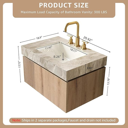 30” Floating Bathroom Vanity with Sink, Wall-Mounted Cabinet with Drawer & Doors, Gray Travertine-Pattern Sintered Stone Top, Undermount Basin, 3 Faucet Hole, Soft-Close, Pre-Assembled, Light Oak