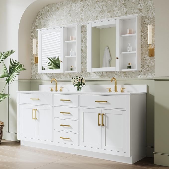 80-Inch Bathroom Vanity with Double Sinks W/ 4 Doors & 4 Drawers & 2 Flip Drawers, White Vanity W/Brushed Gold Handles