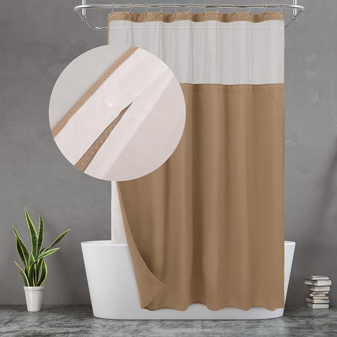 N&Y HOME Waffle Weave Shower Curtain with Snap-in Liner Set 71x72, Coffee | 12 Metal Hooks Included, Snap on Fabric Liner, Mesh Window, Washable, Hotel Style Shower Curtain Set for Bathroom
