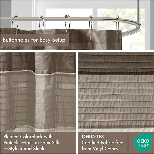Madison Park Amherst Bathroom Shower Curtain Faux Silk Pieced Striped Modern Microfiber Bath Curtains, 72x72 Inches, Natural