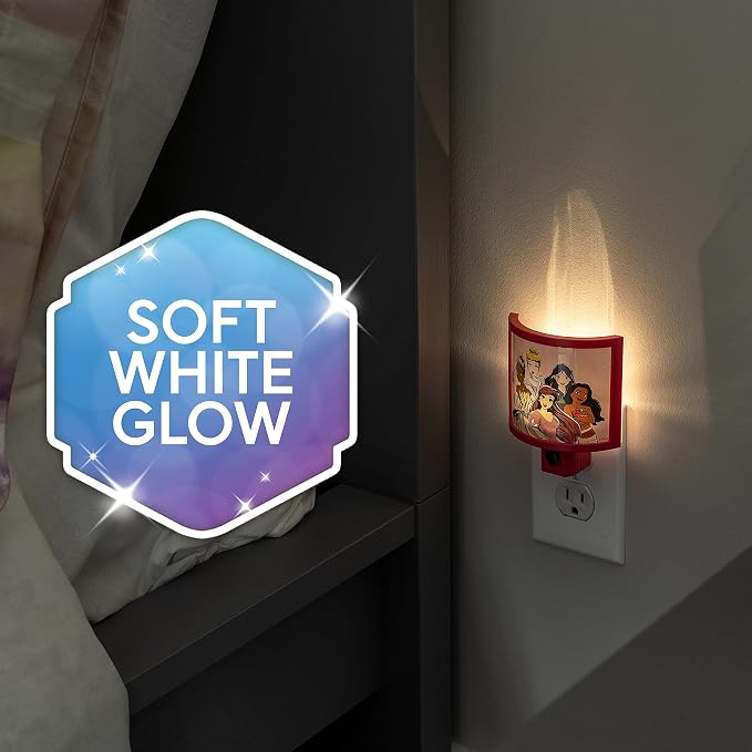 Disney Princess Wrap Shade LED Night Light, Plug-in, Dusk to Dawn, Girls Bedroom Decor, Ambient Lighting, Sleep Light, Ideal for Nursery, Bathroom, 60734