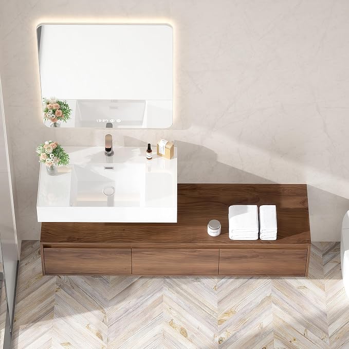 60 Inch Floating Bathroom Vanity with Single Sink, Modern Wall-Mounted Bathroom Cabinet with Resin Sink & Soft Close Drawers, Split-Level Layout (Walnut, 60")