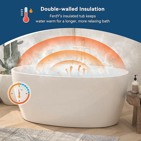 FerdY Tahiti 55" Acrylic Freestanding Bathtub, Elegant Oval Shape Soaking Bathtub, Glossy White, Brushed Gold Drain & Integrated Slotted Overflow Assembly Included cUPC Certified