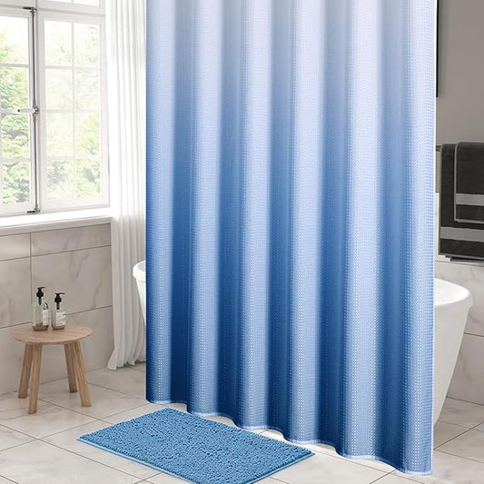 MitoVilla Blue Ombre Waffle Fabric Shower Curtain, Light Blue Waffle Weave Textured Shower Curtains for Luxury Bathroom Decor, Modern Weighted Bathroom Shower Curtain, 72 x 72