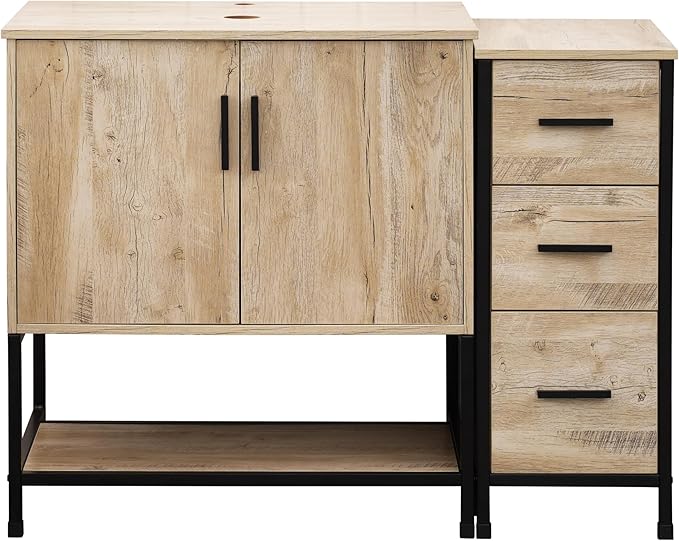 UEV 42" Rustic Oak Bathroom Vanity with Sink Combo,Industrial Iron Frame Bathroom Cabinet Sets with 3 Drawers Side Cabinet(Without Sink Combo)