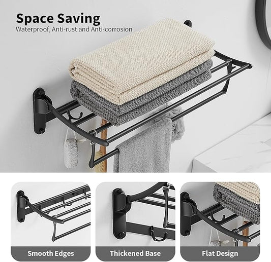 Towel Racks with Foldable Towel Bar Hooks, Wall Mounted Matte Black | 24 Inch Bathroom Towel Shelf Holder, Multifunctional Storage Bathroom Accessories, Double Towel Bars, Rust-resistant Metal