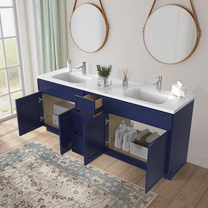 HomeBeyond 90 Inches Bathroom Vanity Base Cabinet Without Sink, Double Sink Top Sturdy Floor Mounted Cabinet with Door & Soft Closing Drawers, Blue, VA4139-2+VA4112-3