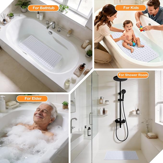 Yimobra Bathtub Mat Non Slip, 27.5"X15.5" Machine Washable Shower Floor Mat, Soft on Feet, Bathmat with Drain Holes and Suction Cups, Bathroom Essentials, White