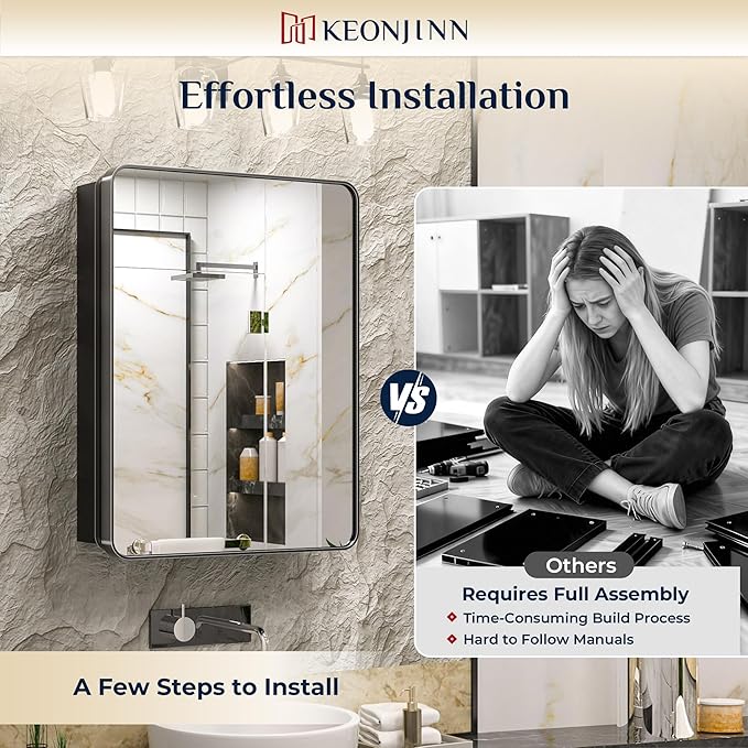 Keonjinn 48 x 32 Inch Large Black Medicine Cabinets, Recessed Bathroom Medicine Cabinet, Black Stainless Steel Framed, Sturdy & Heavy, Adjustable Shelves, Oversized Bathroom Mirror with Storage