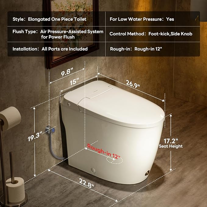 Elongated One Piece Toilet with 17.2" ADA Comfort Height Seat | Modern Toilet for Bathroom, 1.0GPF Button & Foot Kick Flush, Air Pressure Assisted Flush, 12'' Rough-in, Standard White Bowl