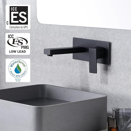 SUMERAIN Matte Black Wall Mount Bathroom Sink Faucet Lavatory Vessel Faucet, Brass Rough-in Valve Included