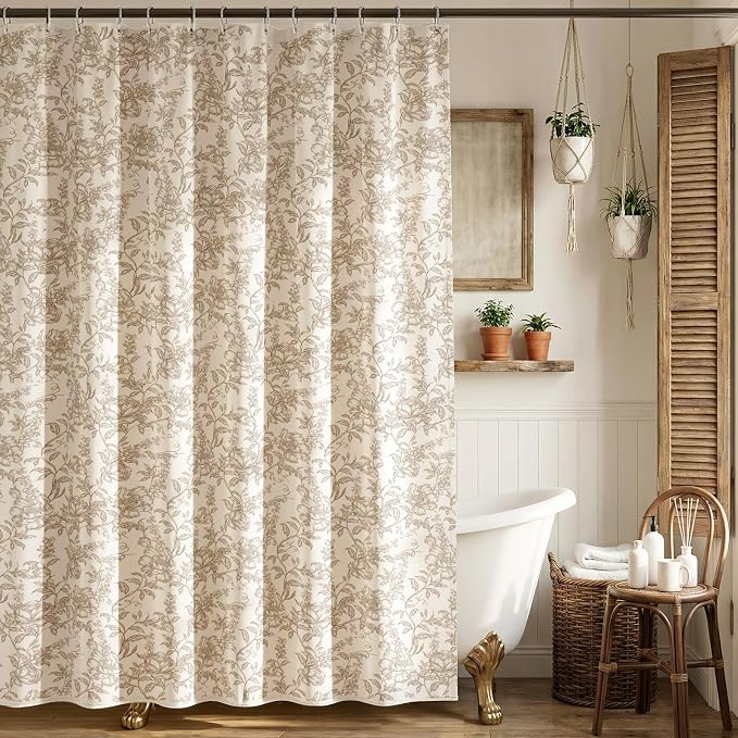 Farmhouse Beige Floral Shower Curtain with 12 Clear Rings 72"W x 72"L | Boho Fabric Faux Linen Shower Curtain Set, Vintage Cottagecore Shower Curtain for Bathroom