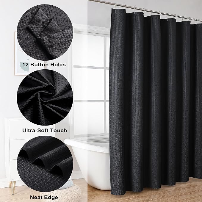 Berry Black Fabric Shower Curtain - 3D Embossed Hotel Thick Quality Soft Cloth Bath Curtain, Waffle Water Repellent Textured & Machine Washable Material - Standard Size 72x72, Black