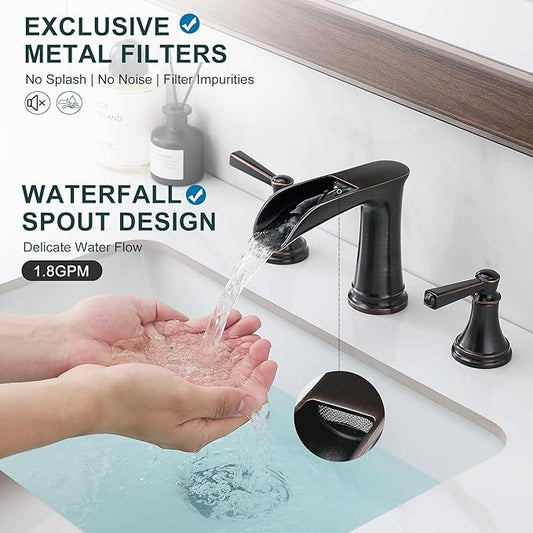 Brass 8 Inch Oil Rubbed Bronze Bathroom Faucet Waterfall Widespread Bathroom Faucets for Sink 3 Hole 2 Handle with Pop up Drain & Pre-Installed cUPC Water Hose for Vanity, 10 Mins Install