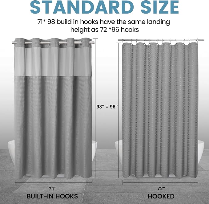 EUTXL Heavyweight No Hook Shower Curtain with Liner, Grey,71x98 | Snap in Liner, 256GSM Thick Waffle Fabric, Hotel Luxury Spa, Corner Magnets, Quick Dry, Waterproof & Washable, Extra Tall
