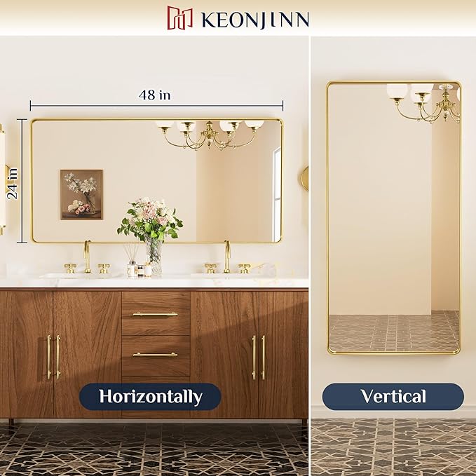 Keonjinn 48 x 24 Inch Brushed Gold Bathroom Mirrors for Over Sink | HD Tempered Glass, Shatter-Resistant, Brass Vanity Mirror, Anti-Rust Aluminum Frame, Rounded Rectangle, French Cleat Mount