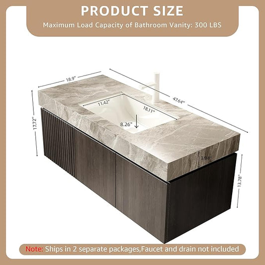 48” Floating Bathroom Vanity with Sink, Wall-Mounted Cabinet with Drawer & Doors, Gray Travertine-Pattern Sintered Stone Top, Undermount Basin, Single Faucet Hole, Soft-Close, Pre-Assembled, Dark Oak