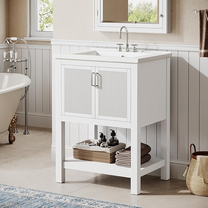 Tribesigns 24" Bathroom Vanity with Sink, Solid Wooden Frame Freestanding Vanity with Ceramic Porcelain Basin, 2-Door Storage Cabinet & Open Shelf for Small Bathroom, Industrial, White