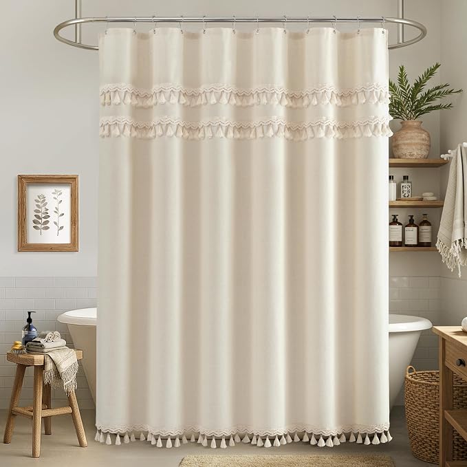 Linen Shower Curtain Boho Beige Shower Curtain with 3 Tassels 72"W x 72"L | Thick linen-poly blend, three handcrafted fringe accents, soft drape, neutral rustic styling for bathroom decor