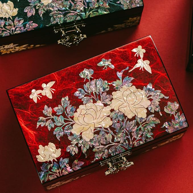 February Mountain Korean Mother of Pearl Jewelry Box – Red Floral Peony Design with Butterfly Clasp, Removable Velvet Tray – Christmas Gift for Women, Birthday, Anniversary, Keepsake Storage