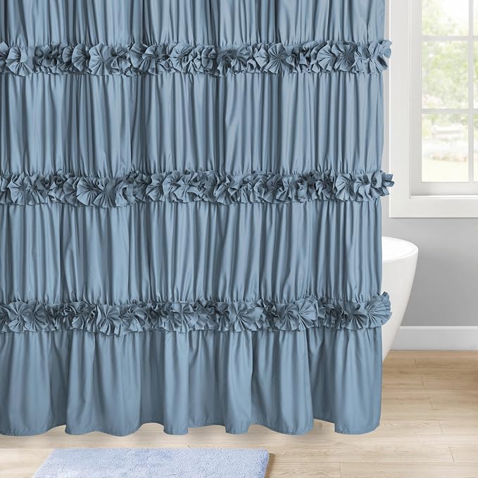Homechoice Decor Dusty Blue Ruffle Shower Curtain, Vintage Handcrafted Bow Tie Bath Curtain for Master Bathroom, Ruched Microfiber Bathroom Curtain with 12 Buttonholes, 72" W x 72" H (LQ-10)