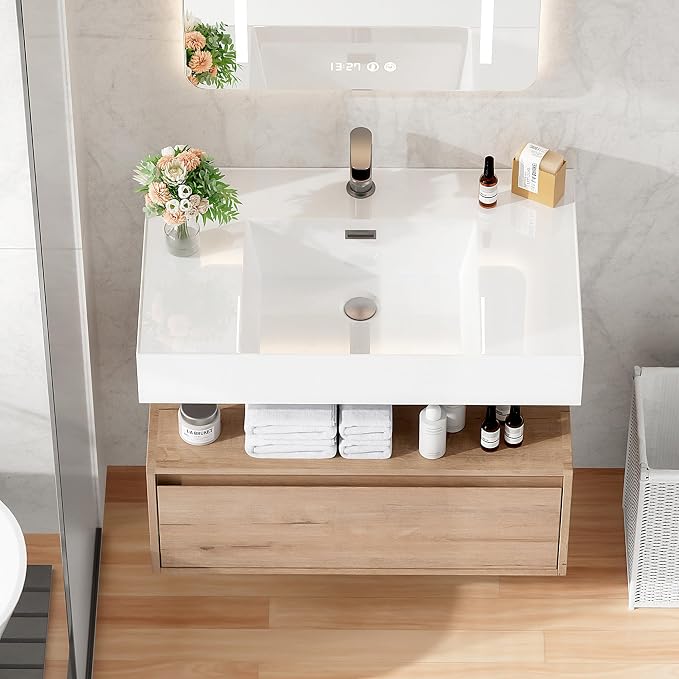 30 Inch Floating Bathroom Vanity with Sink, Modern Wall-Mounted Bathroom Cabinet with Resin Sink & Soft Close Drawer, Split-Level Layout (Nature Oak, 30")