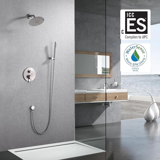 SUMERAIN Wall Mounted Rainfall Shower System Brushed Nickel | 8" Stainless Steel Rain Shower, Brass Handheld, Brass Valve, Concealed Box Design, Easy to Maintain and Install