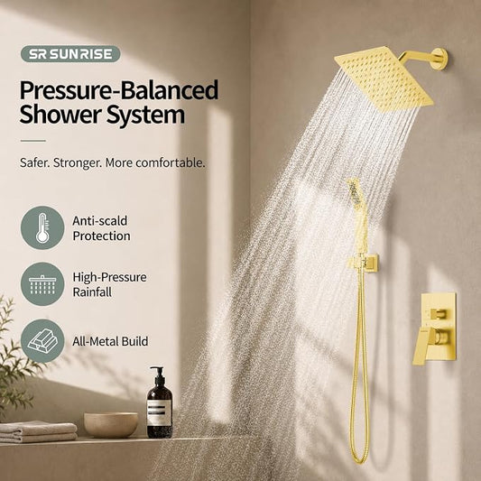 SR SUN RISE Shower System - Shower Faucet Set with 8 Inch Rain Shower Head and Handheld Shower - High Pressure Rain Shower System - All Metal Shower Faucet Trim Repair Kits - Brushed Gold