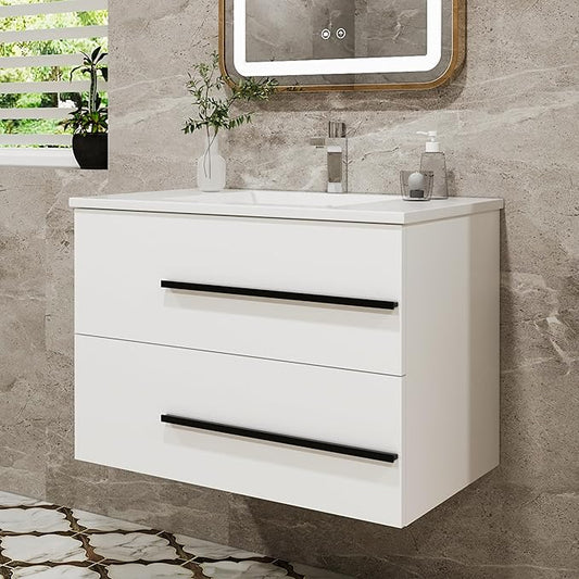 30 Inch Floating Bathroom Vanity - White Modern Wall Mounted Vanity with Sink, Soft-Close Two Drawers, Black Handles & Smooth Motion Glides (White, 30")