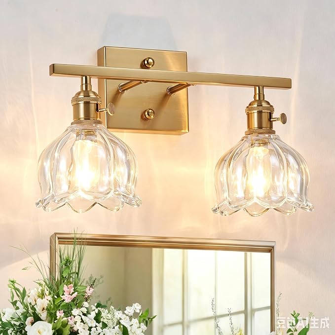 3-Light Vintage Bathroom Vanity Light, 19.4" Brass Hardwired Wall Sconce with Amber Tulip Glass Shades, Brushed Gold Vanity Light for Mirror, Restroom, Bedroom (Clear, 2-Light)