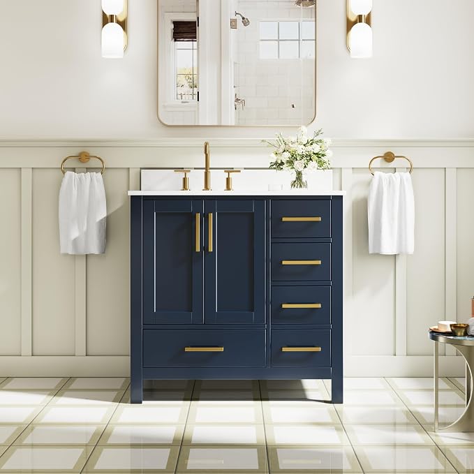 36-Inch Bathroom Vanity with Sink, Bathroom Freestanding Vanity W/ 2 Soft-Close Doors and 5 Drawers, Solid Wood Cabinet Vanity with Cultured Marble Countertop, Gold Handles & Navy Blue Vanity
