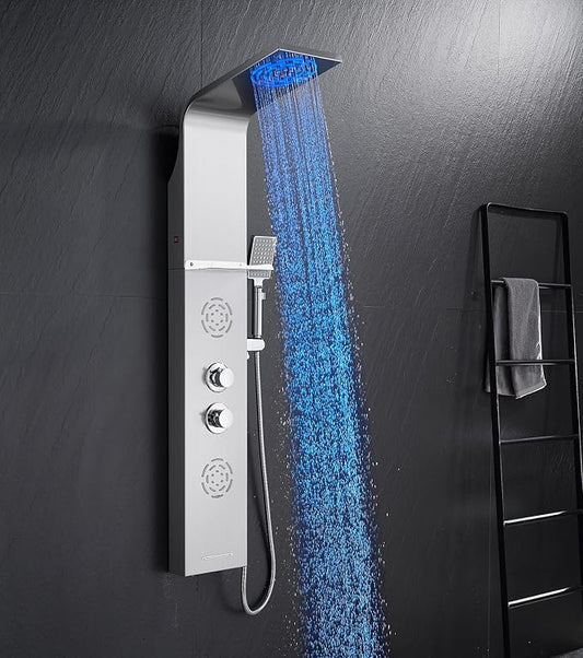 POPFLY Shower Panel Tower System with Shelf | LED Mist & Rain Shower Head, 304 Stainless Steel Shower Tower, 2 Body Jets, Tub Spout, Brushed
