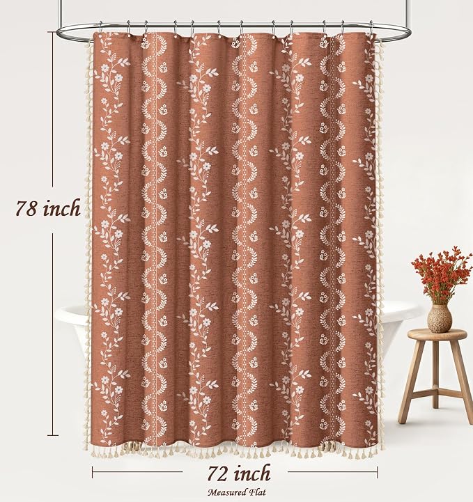 Boho Terracotta Vintage Shower Curtain with Tassels | 72 x 78 Inch,Bohemian Floral Linen Fabric Pattern Curtain Curtain For Bathroom