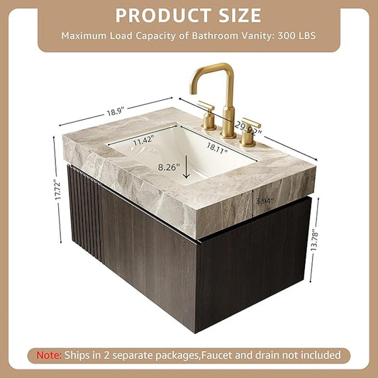 30” Floating Bathroom Vanity with Sink, Wall-Mounted Cabinet with Drawer & Doors, Gray Travertine-Pattern Sintered Stone Top, Undermount Basin, 3 Faucet Hole, Soft-Close, Pre-Assembled, Dark Oak
