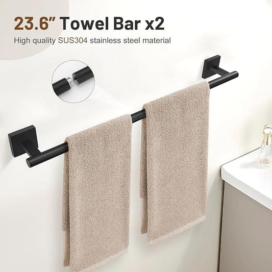 Lairuier 10-Piece Matte Black Bathroom Accessories, Towel Bar Set | Bathroom Hardware Set Includes SUS304 23.6" Towel Bar, Towel Ring, Toilet Paper Holder and Towel Hooks Wall Mounted