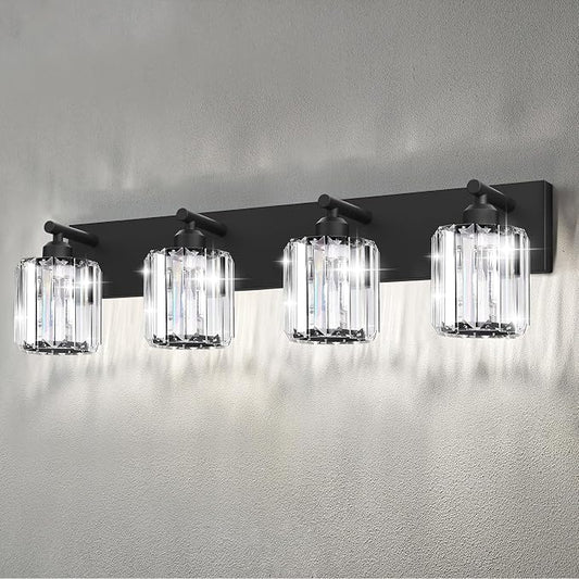 Black Crystal Bathroom Vanity Light, 4-Light Modern Bathroom Lighting Fixtures Over Mirror, Matte Black Wall Sconce Light Fixtures with Round Shade