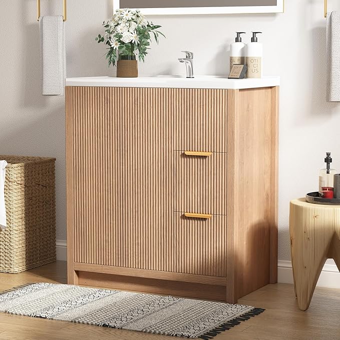 32" Bathroom Vanity with Sink, Free Standing Single Vanity Set with 2 Drawers & 2 Doors, Solid Wood Bathroom Storage Cabinet with Ceramic Sink Combo Set, Nature Oak