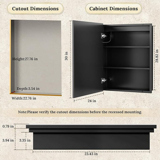 24"X30" Bathroom Medicine Cabinet with Mirror, LED Lighted Medicine Cabinet with Anti-Fog, 3 Colors Temperature Stepless Dimmable, Metal Cabinet for Storage and Mordern Decor, Black