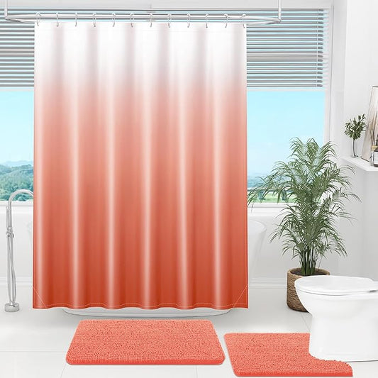 OLANLY Luxury Coral and White Ombre Shower Curtain Sets with 12 Hooks, Waterproof and Washable Decorative Shower Curtains for Bathroom, 72x72 Inches