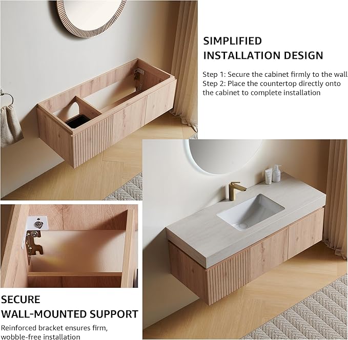 48” Floating Bathroom Vanity with Sink, Wall-Mounted Cabinet with Drawer & Doors, Roma Travertine-Pattern Countertop, Undermount Basin, Single Faucet Hole, Soft-Close, Pre-Assembled, Light Oak